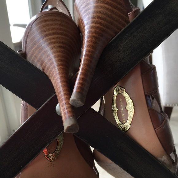 Ellie Tahari Brown Leather Peep Toe Sandals High Heels 9 1/2 - Picture 10 of 12
